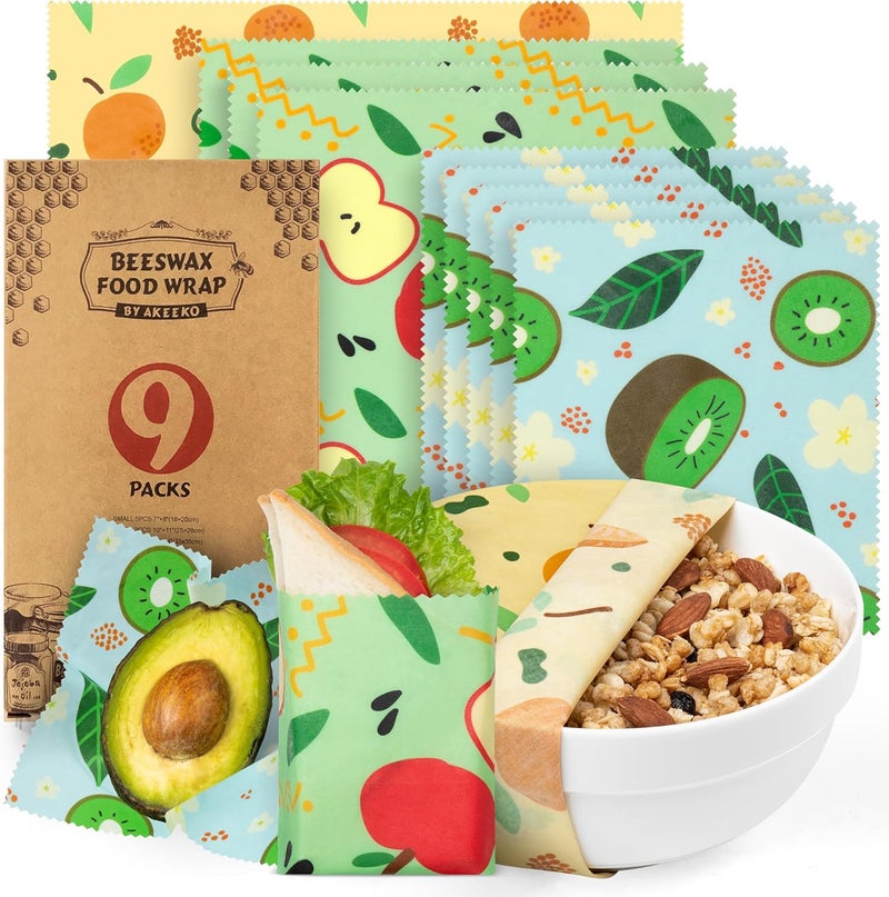 Akeeko Reusable Beeswax Food Wraps - Assorted 9 Packs, Reusable, Plastic-Free Food Storage, 4 Small, 3 Medium, 2 Large Wraps with Assorted Fruits Patterns - Image 1